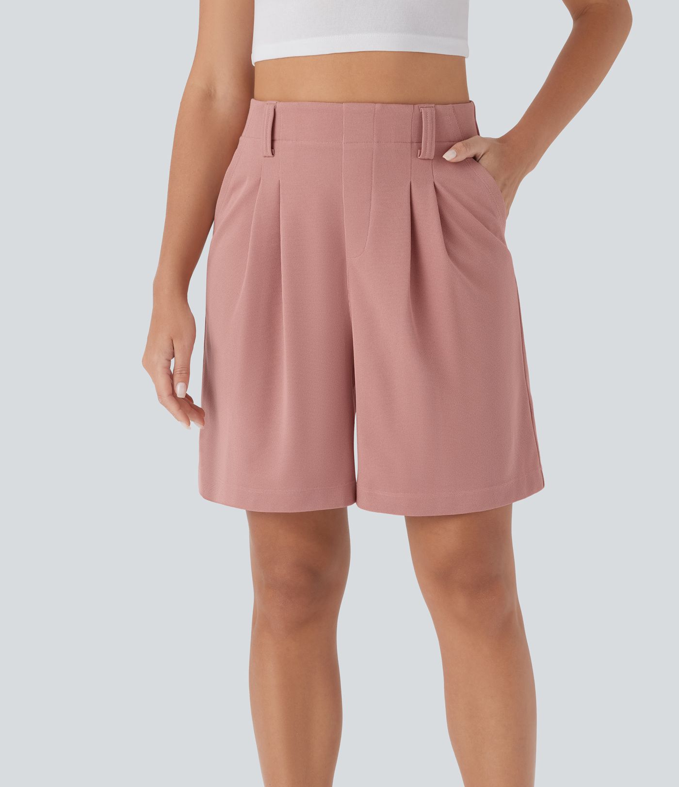 High Waisted Pocket Waffle Casual Bermuda Shorts