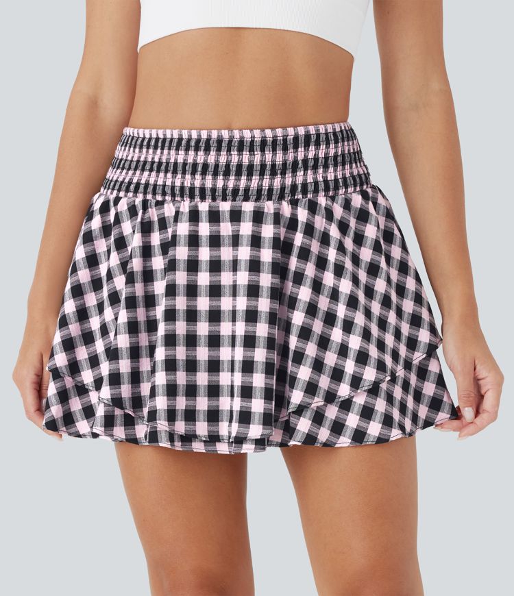 Jupe mini à carreaux plissée taille haute 2-en-1 avec poche latérale