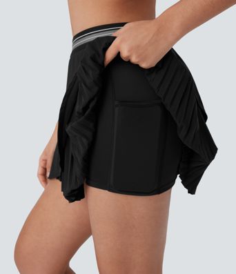 Mid High Waisted 2-in-1 Pocket Pleated Asymmetric Hem Quick Dry Mini Tennis Skirt