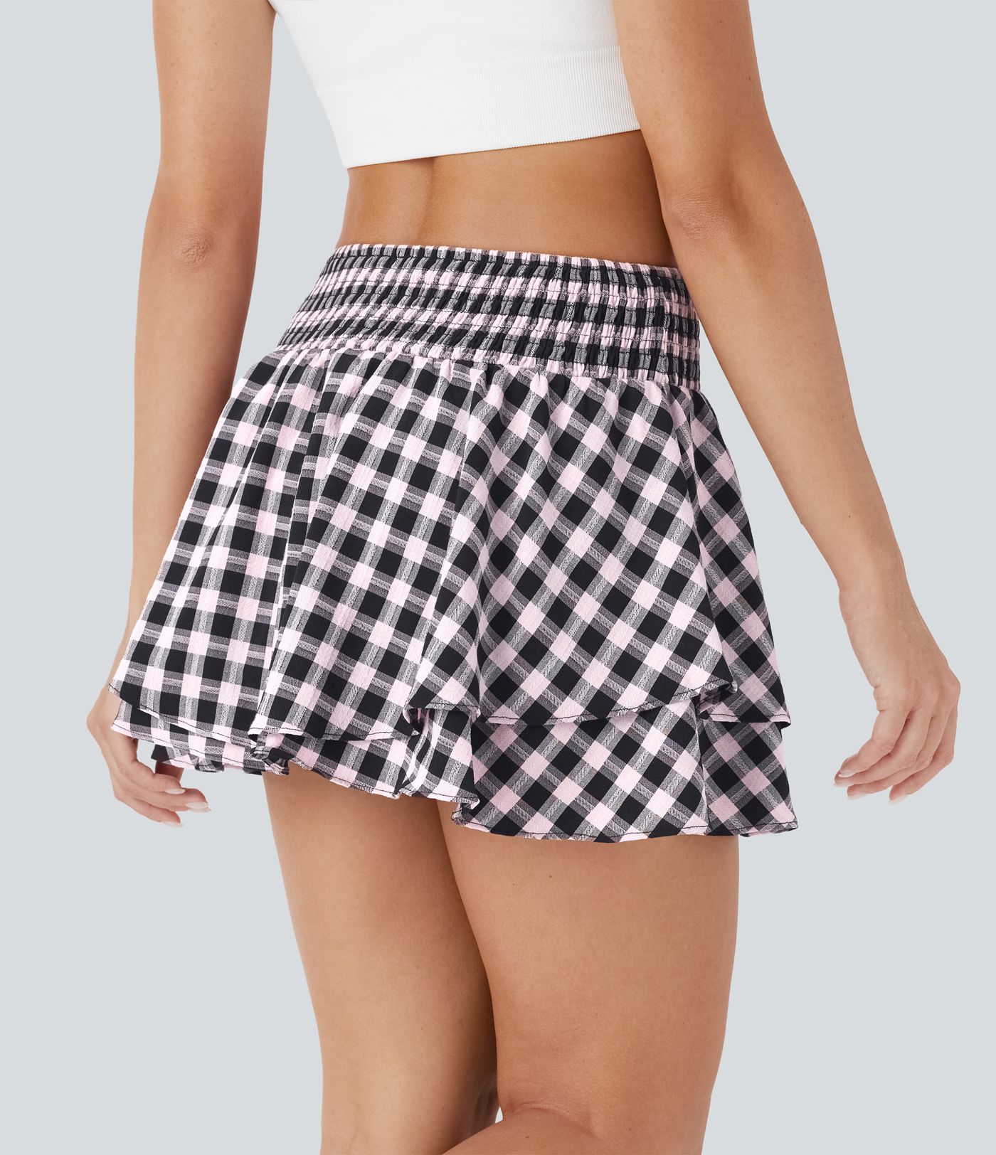 Jupe mini à carreaux plissée taille haute 2-en-1 avec poche latérale