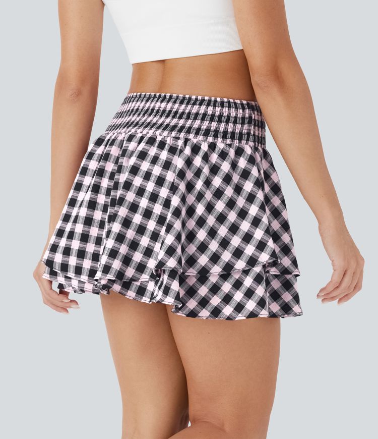 Jupe mini à carreaux plissée taille haute 2-en-1 avec poche latérale