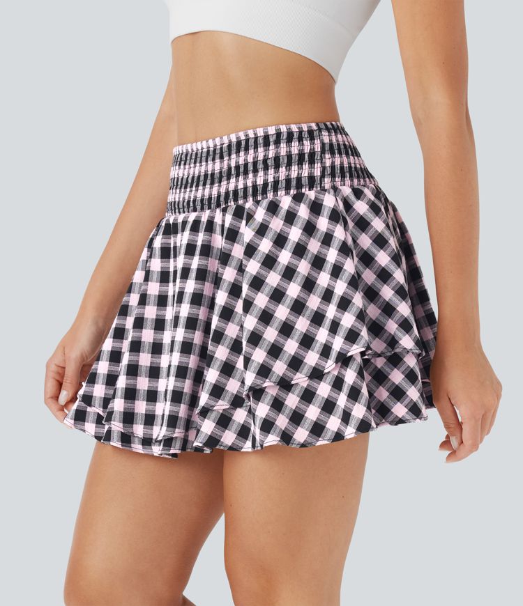 Jupe mini à carreaux plissée taille haute 2-en-1 avec poche latérale