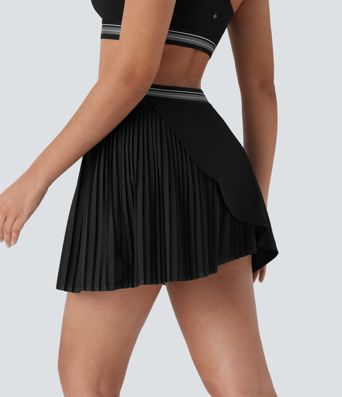 Mid High Waisted 2-in-1 Pocket Pleated Asymmetric Hem Quick Dry Mini Tennis Skirt