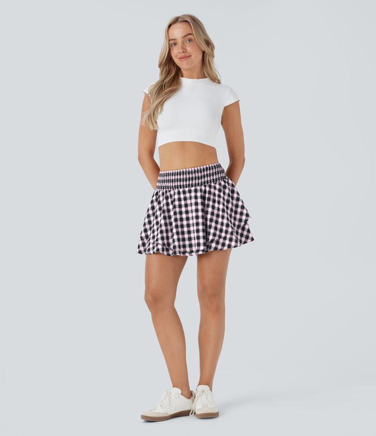 Jupe mini à carreaux plissée taille haute 2-en-1 avec poche latérale