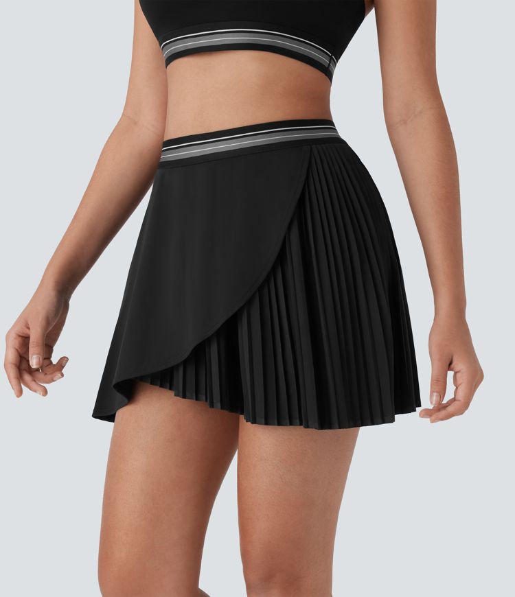Mid High Waisted 2-in-1 Pocket Pleated Asymmetric Hem Quick Dry Mini Tennis Skirt