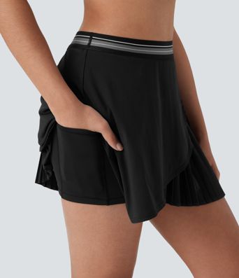Mid High Waisted 2-in-1 Pocket Pleated Asymmetric Hem Quick Dry Mini Tennis Skirt