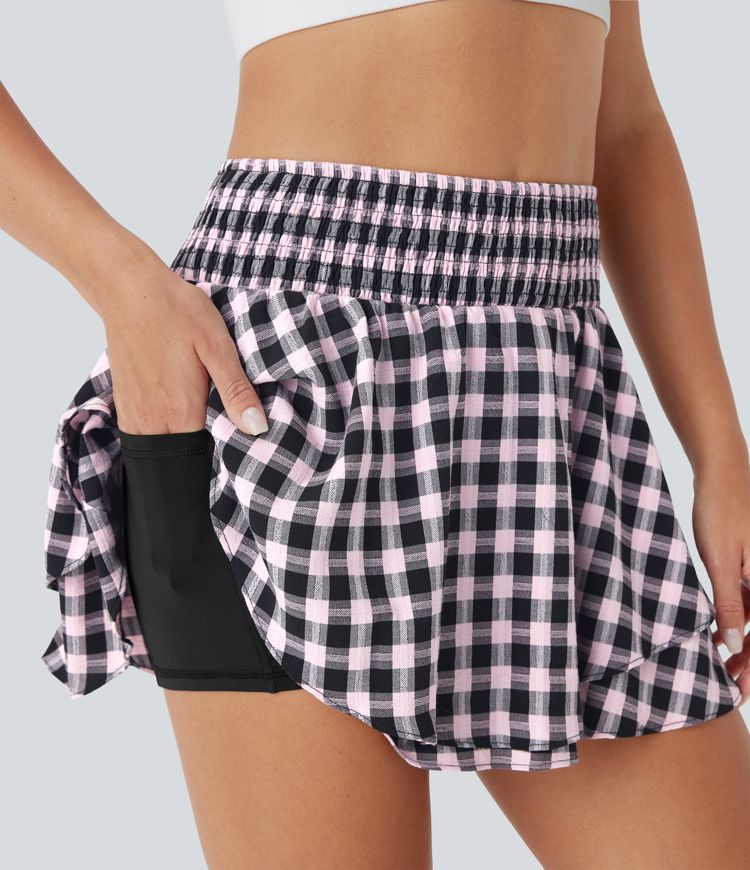 Jupe mini à carreaux plissée taille haute 2-en-1 avec poche latérale