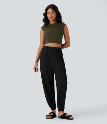 High Waisted Pocket Crinkle Casual Joggers