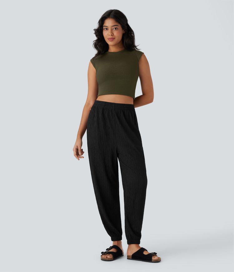 High Waisted Pocket Crinkle Casual Joggers