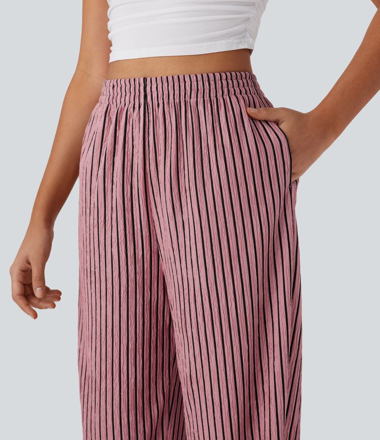 High Waisted Side Pocket Stripe Crinkle Casual Joggers