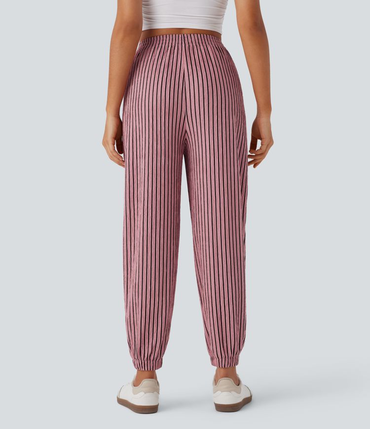 High Waisted Side Pocket Stripe Crinkle Casual Joggers
