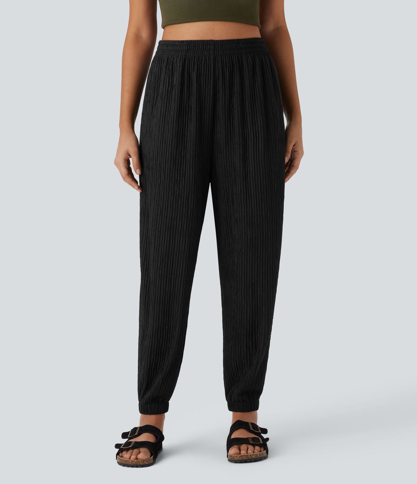 High Waisted Pocket Crinkle Casual Joggers