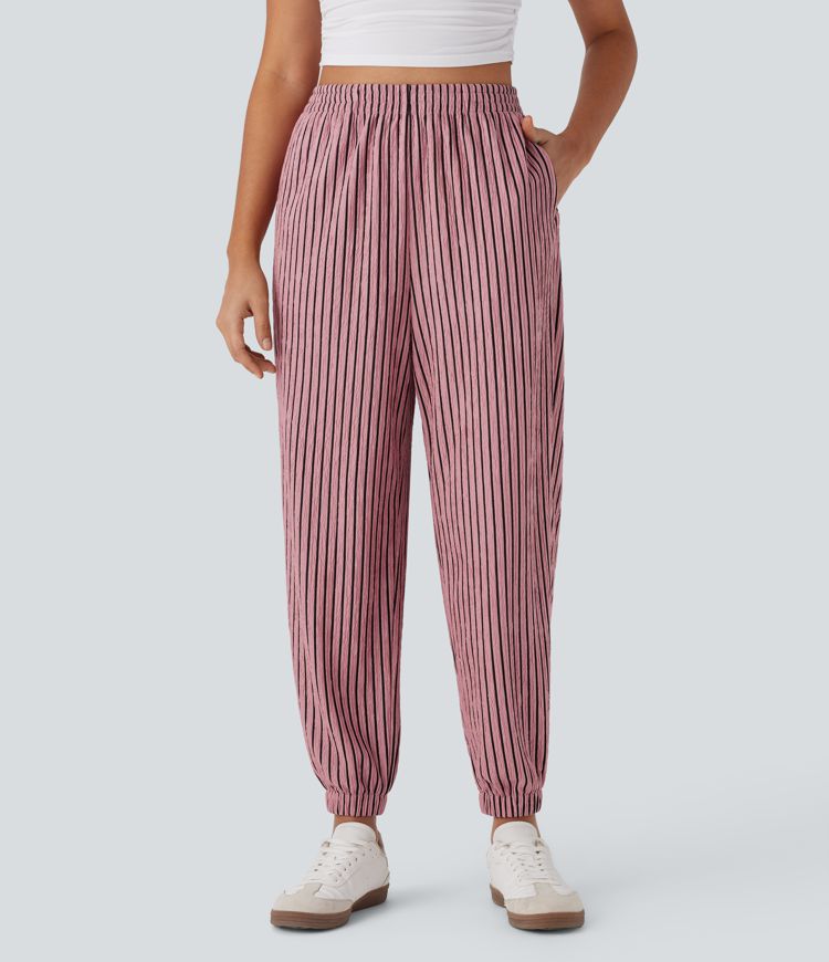 High Waisted Side Pocket Stripe Crinkle Casual Joggers