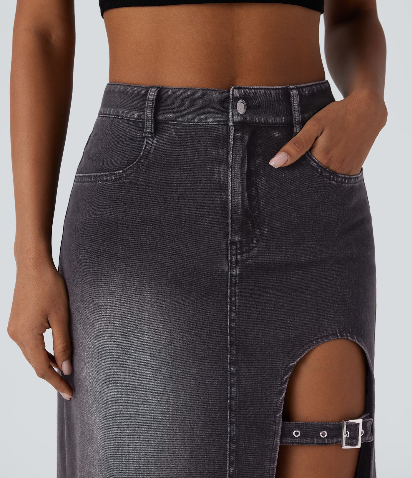 Halara Flex™ Mid Rise Pockets Adjustable Buckle Midi Washed Denim Casual Skirt