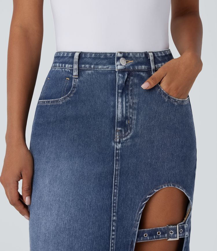 Jupe décontractée midi en denim extensible délavé Halara Flex™ taille moyenne avec poches multiples, fente et boucle ajustable