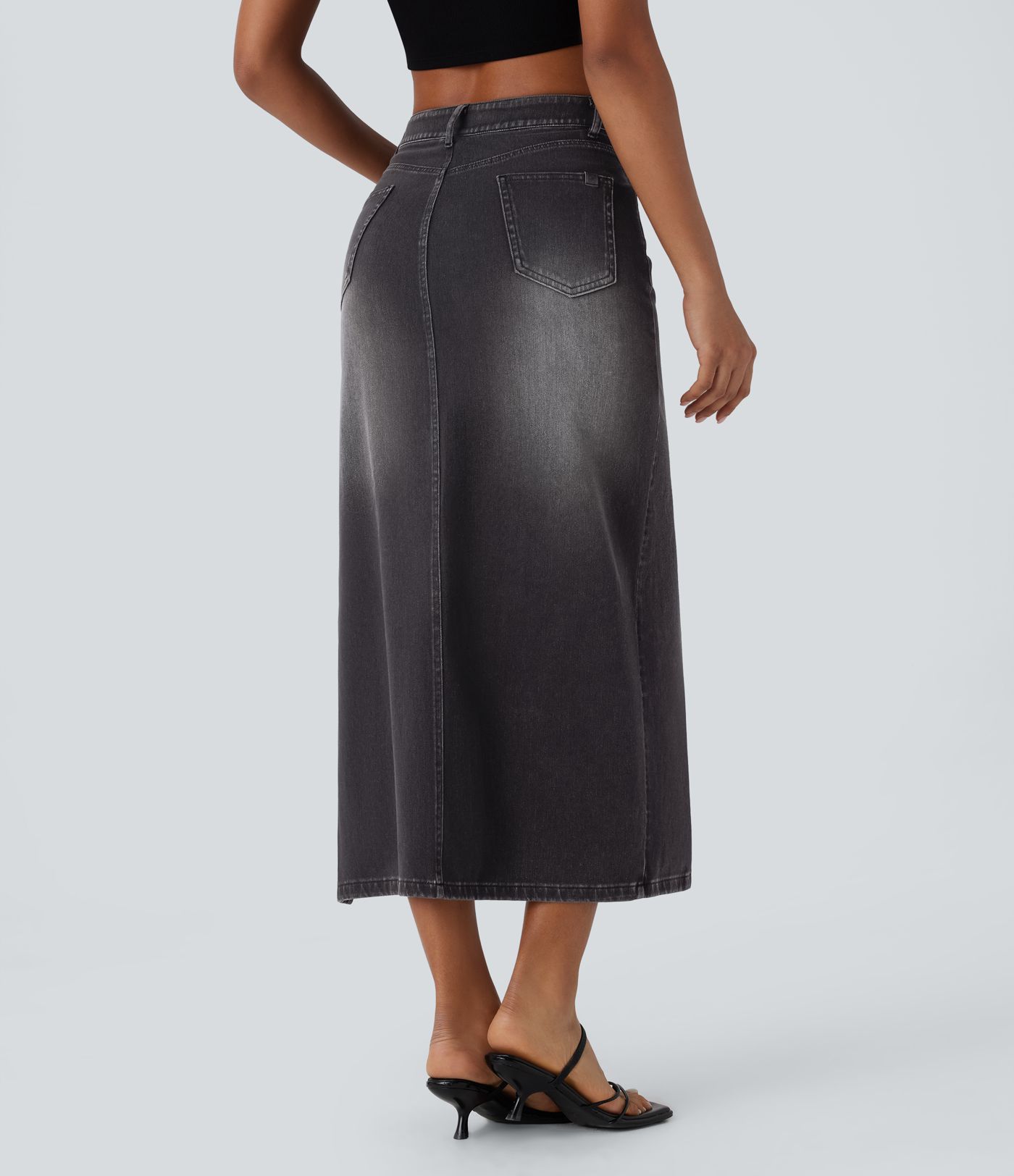 Halara Flex™ Mid Rise Pockets Adjustable Buckle Midi Washed Denim Casual Skirt