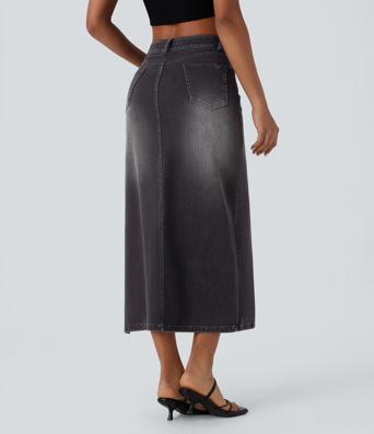 Halara Flex™ Mid Rise Pockets Adjustable Buckle Midi Washed Denim Casual Skirt