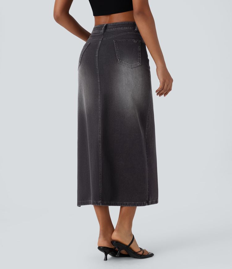Halara Flex™ Mid Rise Pockets Adjustable Buckle Midi Washed Denim Casual Skirt