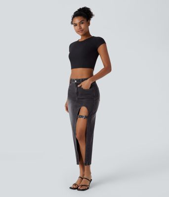 Halara Flex™ Mid Rise Pockets Adjustable Buckle Midi Washed Denim Casual Skirt