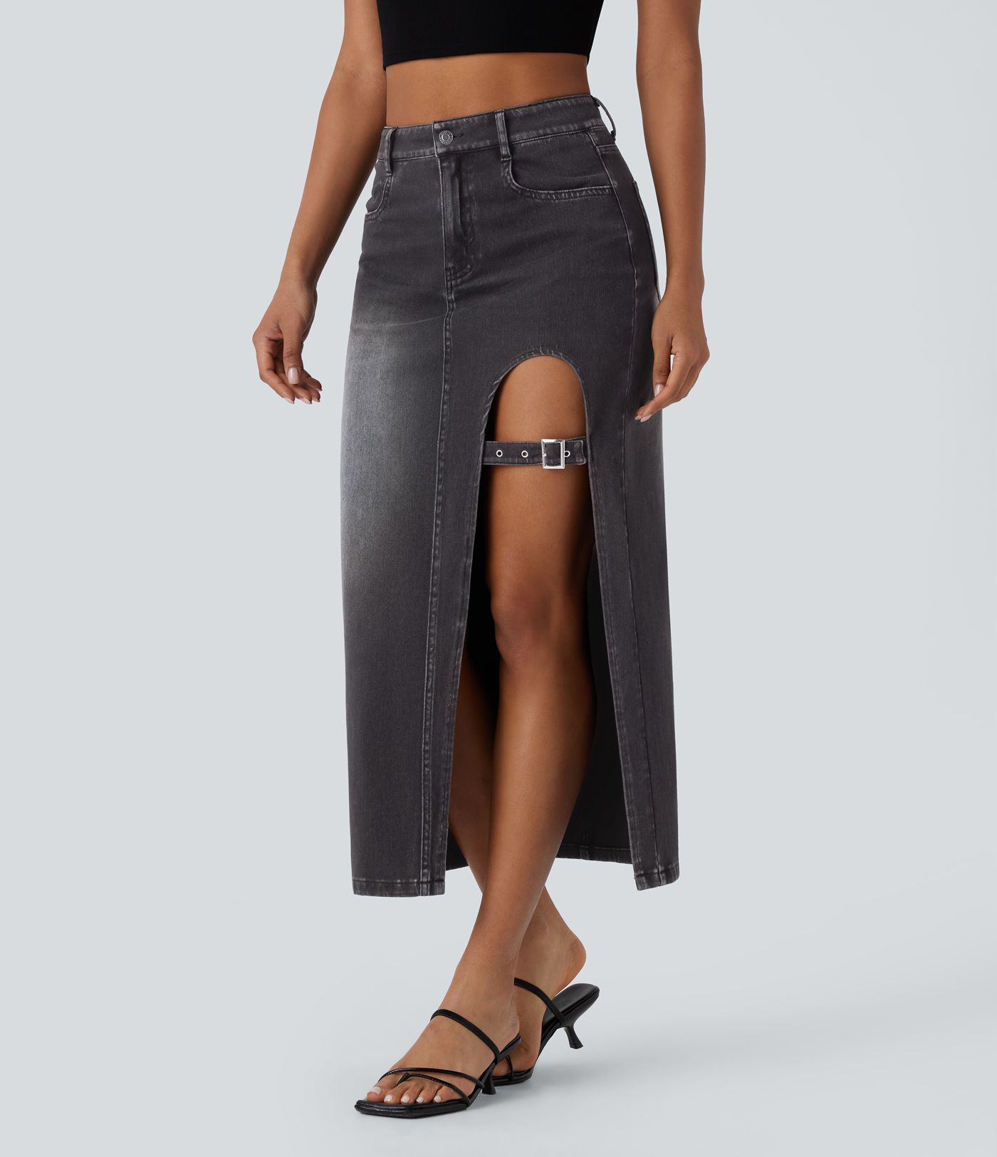 Halara Flex™ Mid Rise Pockets Adjustable Buckle Midi Washed Denim Casual Skirt