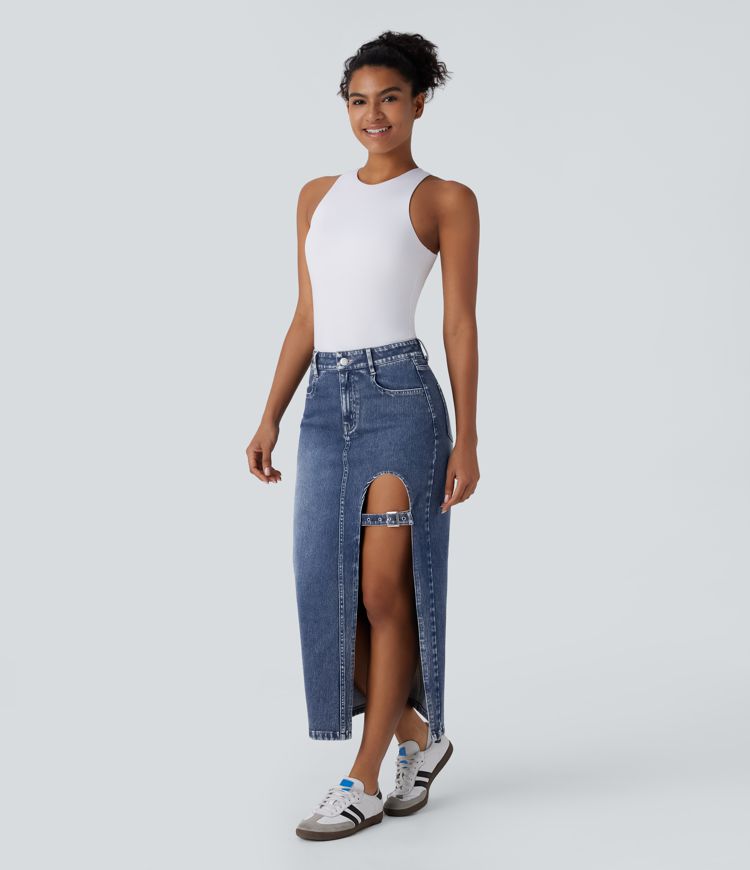 Jupe décontractée midi en denim extensible délavé Halara Flex™ taille moyenne avec poches multiples, fente et boucle ajustable