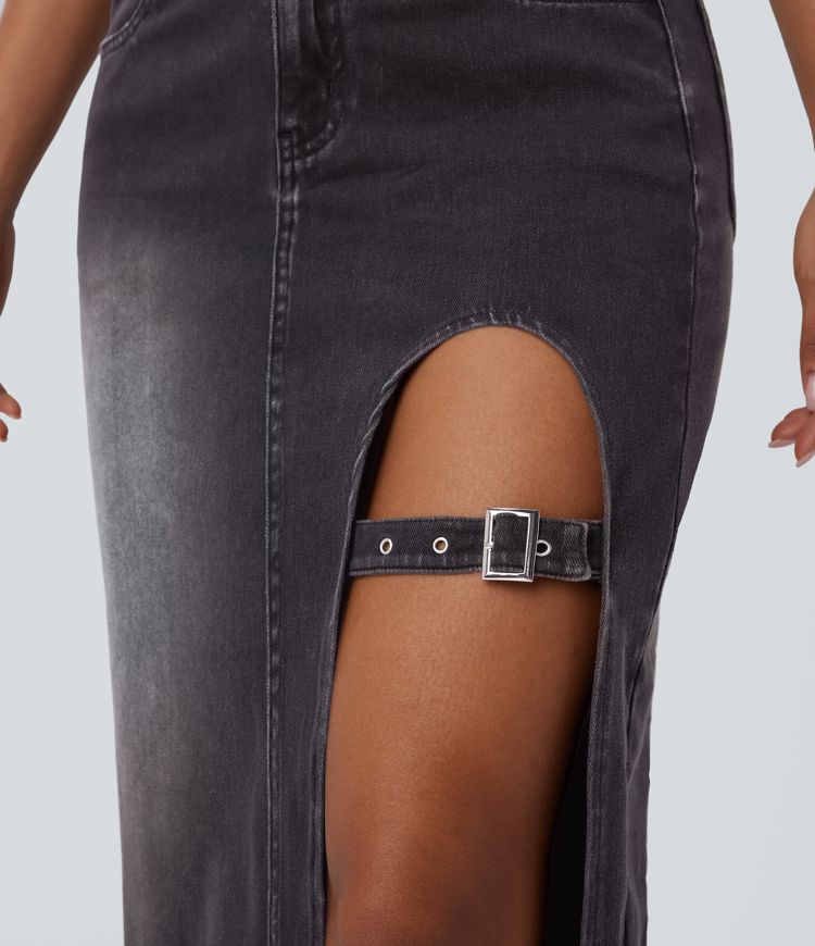 Halara Flex™ Mid Rise Pockets Adjustable Buckle Midi Washed Denim Casual Skirt