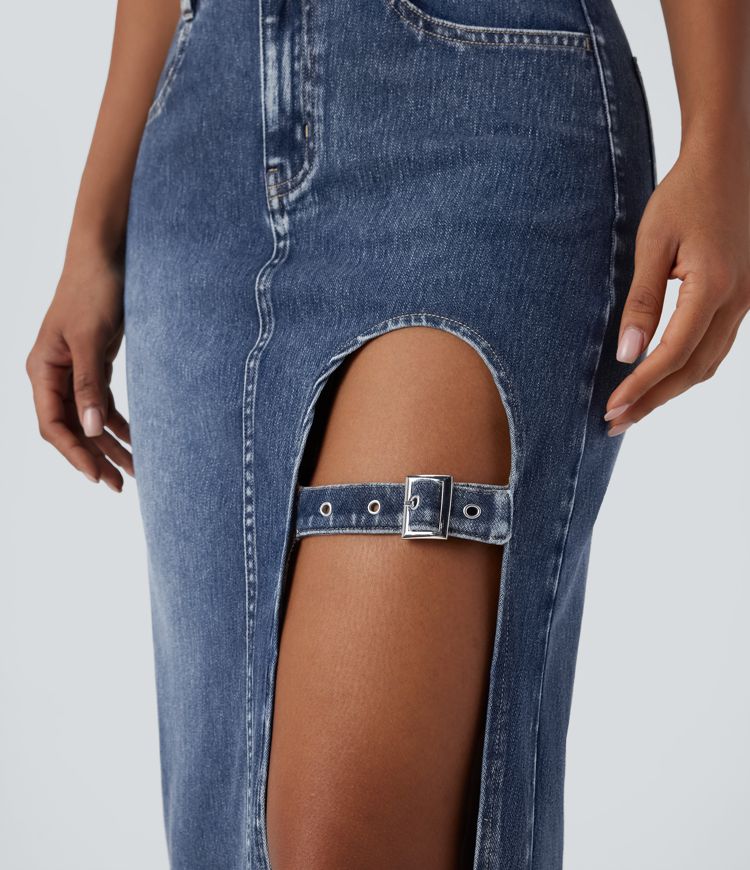 Jupe décontractée midi en denim extensible délavé Halara Flex™ taille moyenne avec poches multiples, fente et boucle ajustable