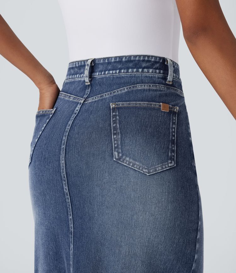 Jupe décontractée midi en denim extensible délavé Halara Flex™ taille moyenne avec poches multiples, fente et boucle ajustable
