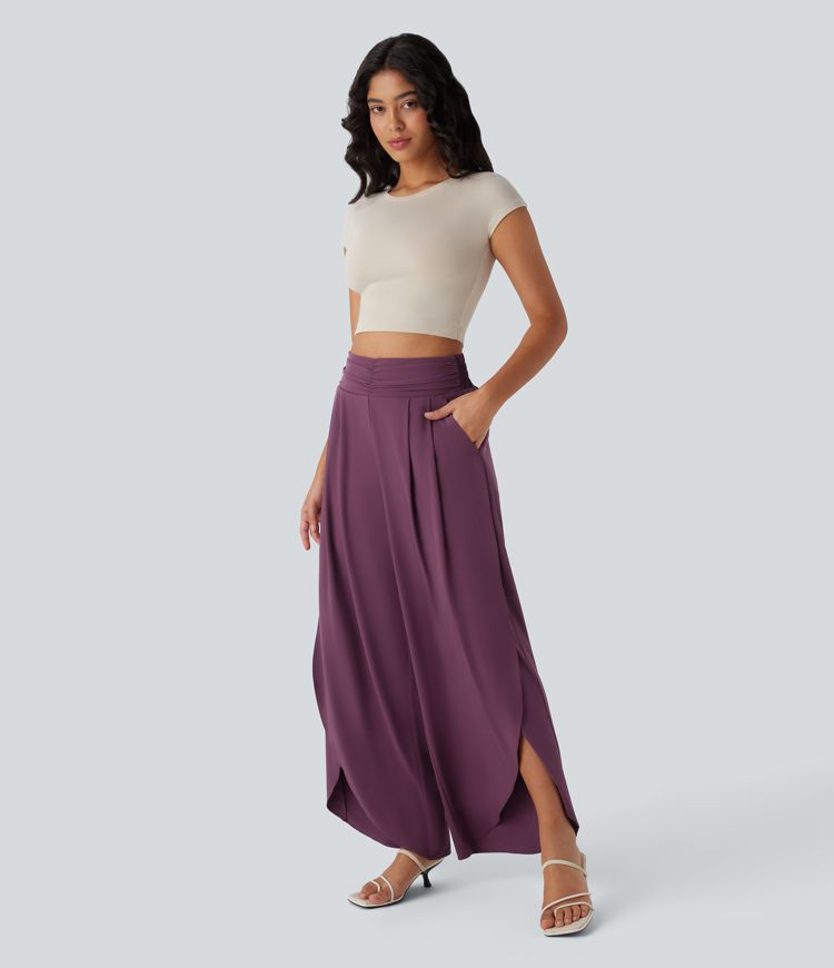 Pantalones Breezeful™ de tiro alto fruncido con bolsillos laterales, aberturas y de secado rápido