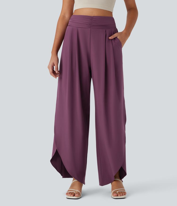 Pantalones Breezeful™ de tiro alto fruncido con bolsillos laterales, aberturas y de secado rápido