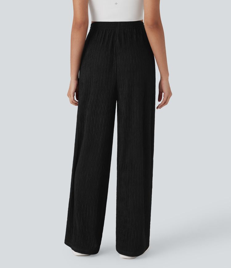 High Waisted Straight Leg Crinkle Casual Pants with Side Pockets