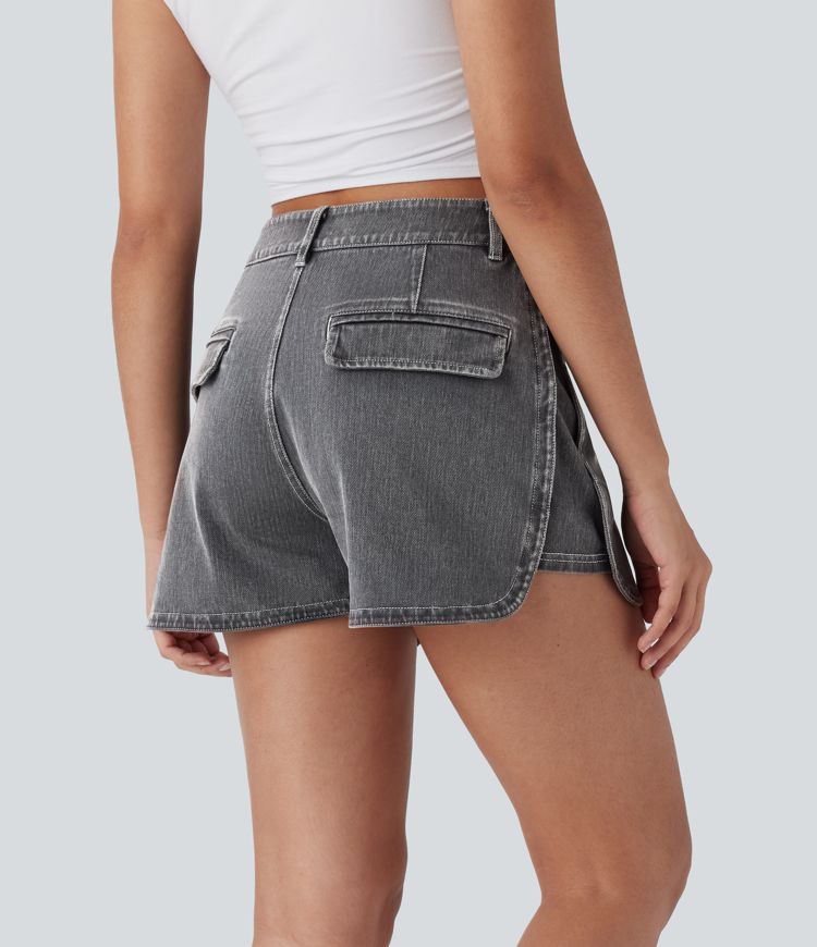 Halara Flex™ High Waisted Zipper Curved Hem Denim Casual Shorts 3''
