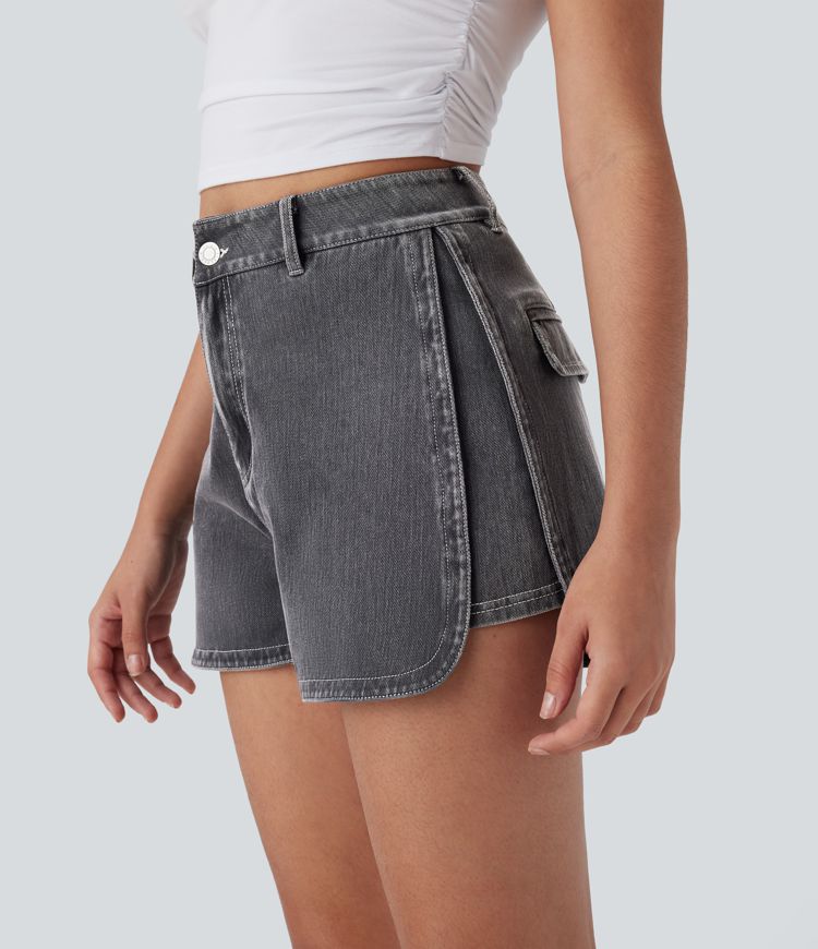 Halara Flex™ High Waisted Zipper Curved Hem Denim Casual Shorts 3''