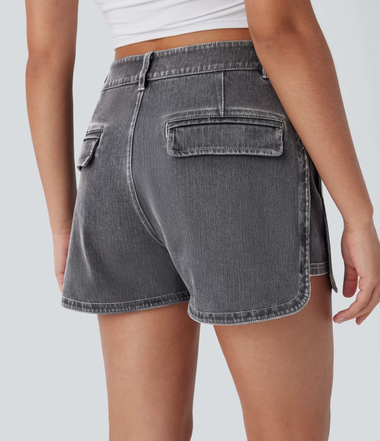 Halara Flex™ High Waisted Zipper Curved Hem Denim Casual Shorts 3''