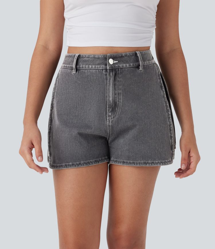 Halara Flex™ High Waisted Zipper Curved Hem Denim Casual Shorts 3''