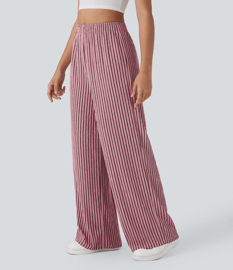 High Waisted Straight Leg Crinkle Casual Trousers with Side Pockets