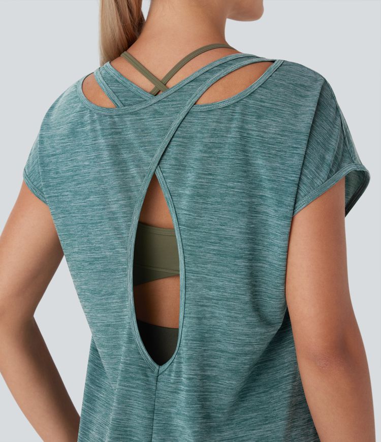 Haut de sport running col rond à manches courtes avec découpe