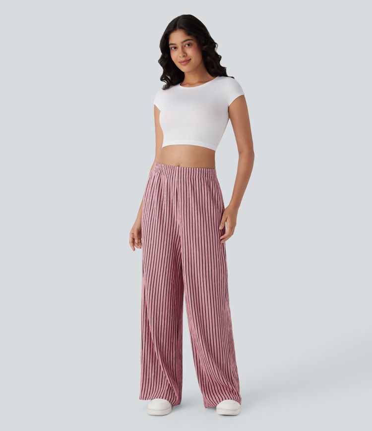 High Waisted Straight Leg Crinkle Casual Trousers with Side Pockets