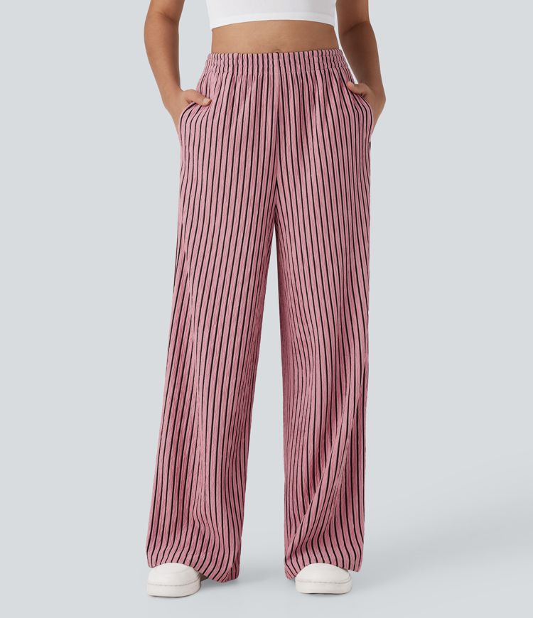 High Waisted Straight Leg Crinkle Casual Pants with Side Pockets