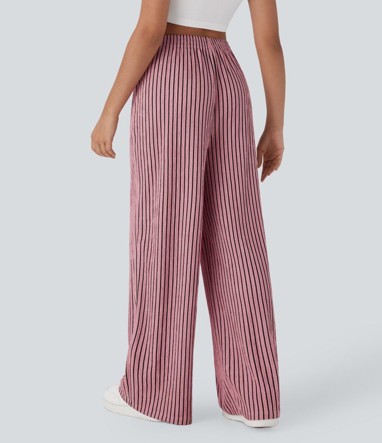 High Waisted Straight Leg Crinkle Casual Trousers with Side Pockets