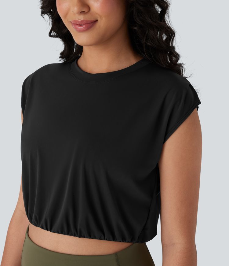 Round Neck Short Sleeve Cropped Cool Touch Quick Dry Yoga Sports Top