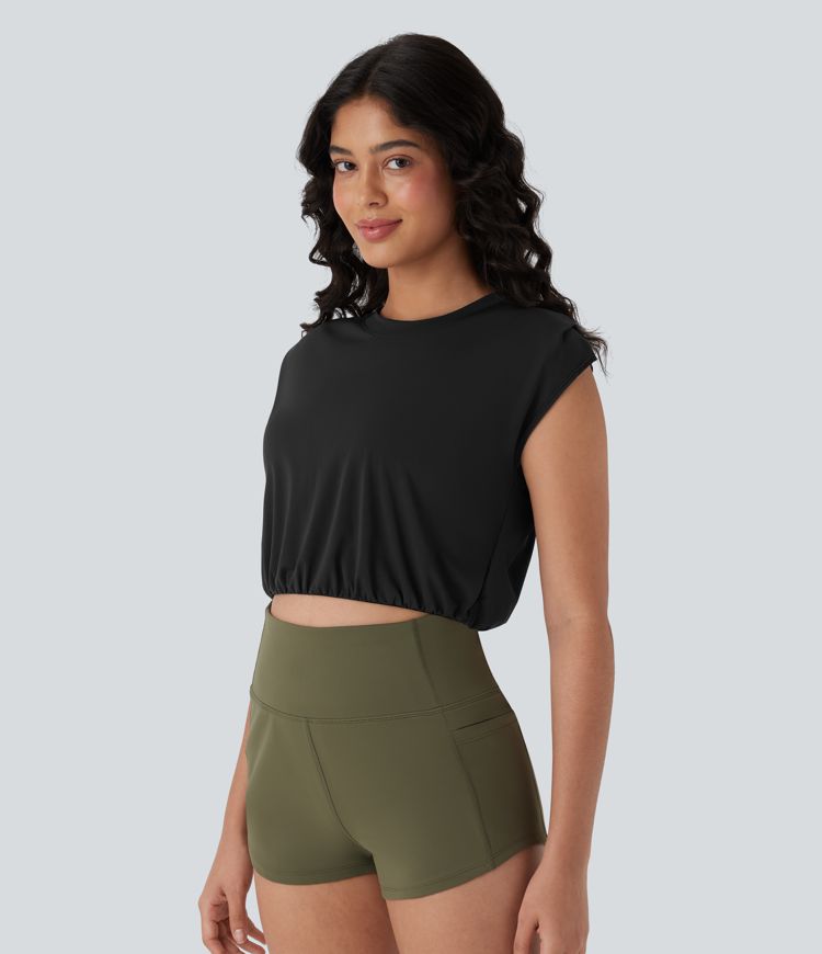 Round Neck Short Sleeve Cropped Cool Touch Quick Dry Yoga Sports Top