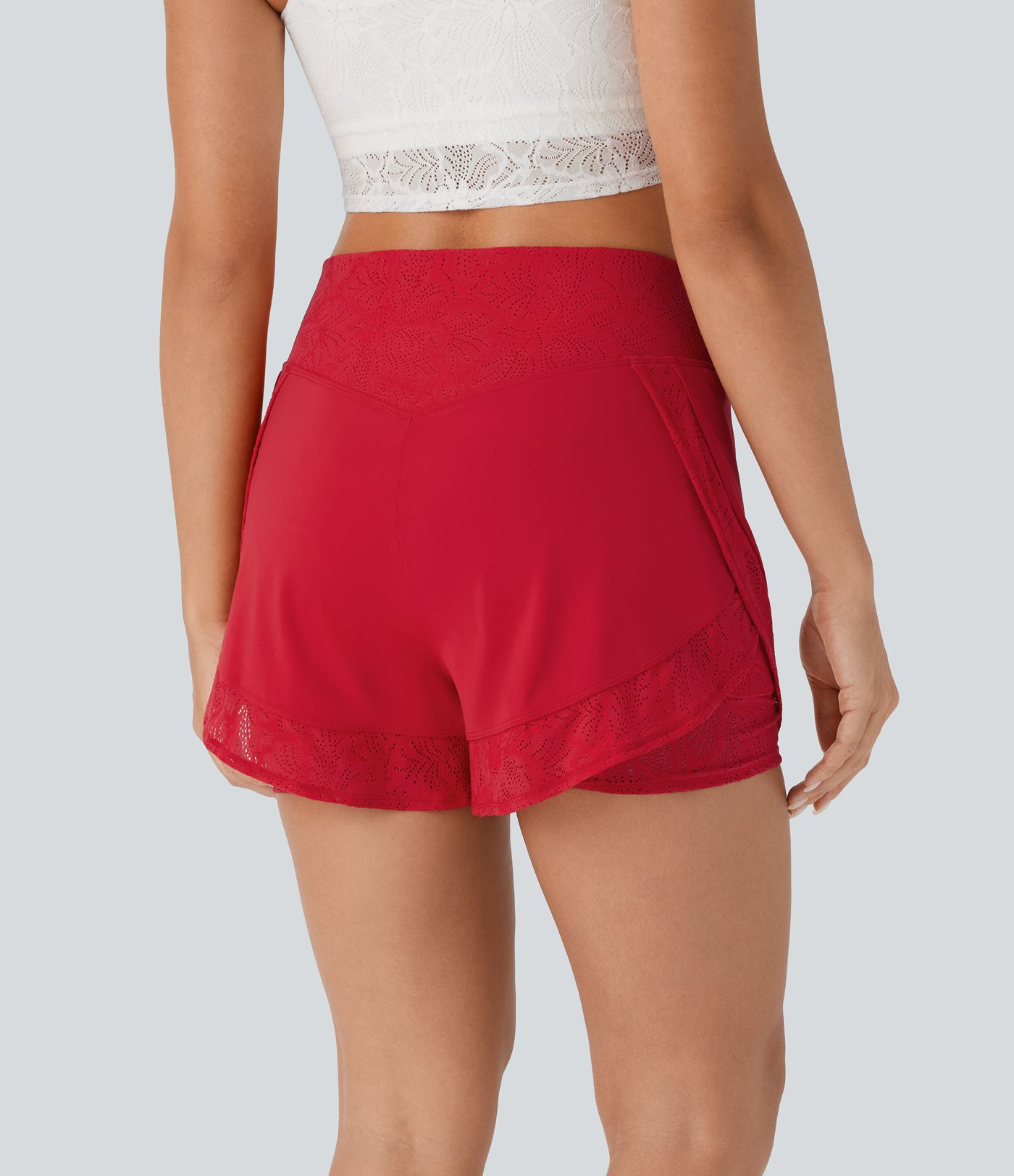 SoftlyZero™ Airy High Waisted 2-in-1 Pocket Contrast Lace Cool Touch Yoga Shorts-UPF50+