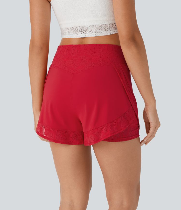Short de yoga 2-en-1 Softlyzero™ Airy à taille haute avec poche latérale, dentelle contrastante et toucher frais - UPF50+