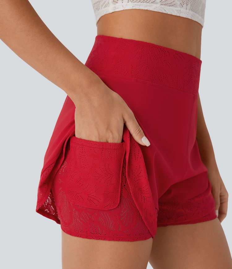 Softlyzero™ Airy High Waisted 2-in-1 Side Pocket Contrast Lace  Yoga Shorts-UPF50+