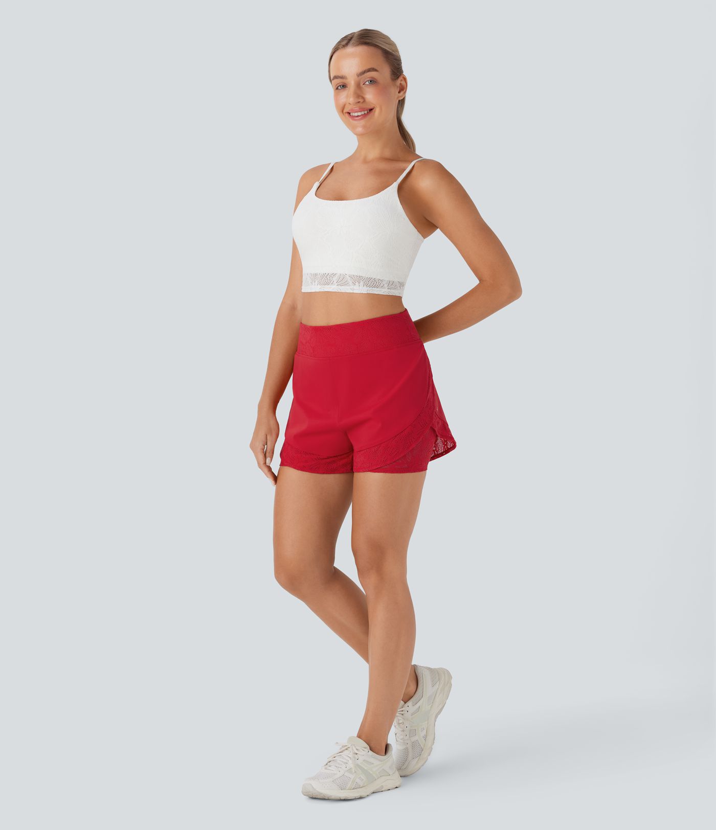 SoftlyZero™ Airy High Waisted 2-in-1 Pocket Contrast Lace Cool Touch Yoga Shorts-UPF50+