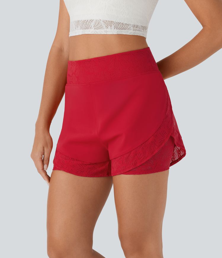 Short de yoga 2-en-1 Softlyzero™ Airy à taille haute avec poche latérale, dentelle contrastante et toucher frais - UPF50+