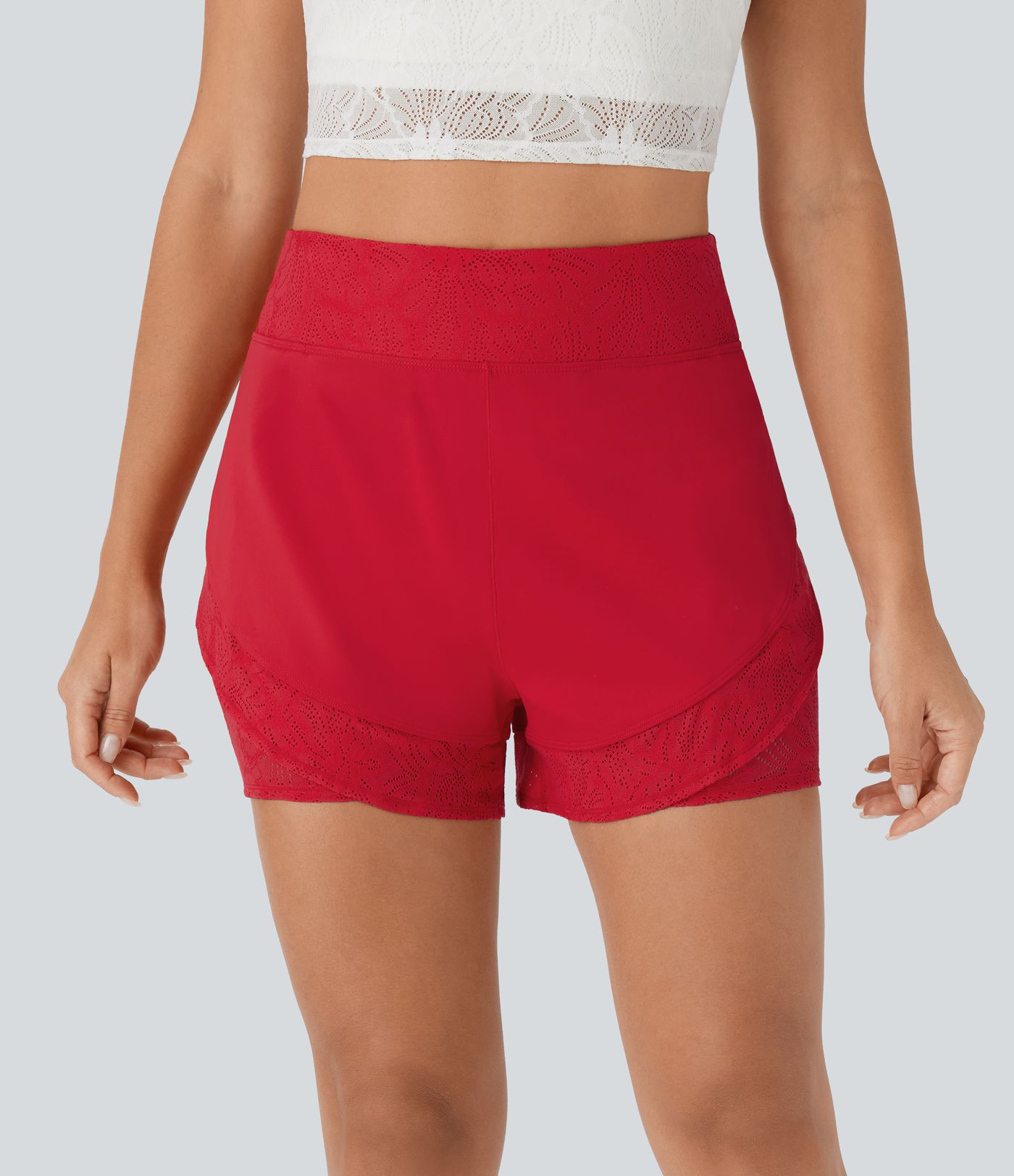 SoftlyZero™ Airy High Waisted 2-in-1 Pocket Contrast Lace Cool Touch Yoga Shorts-UPF50+