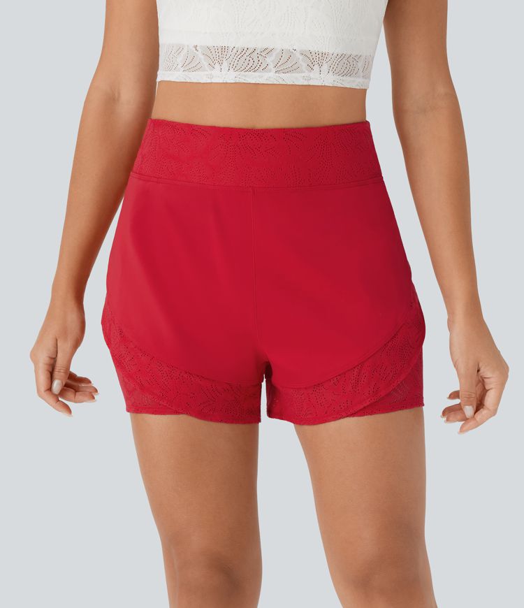 Short de yoga 2-en-1 Softlyzero™ Airy à taille haute avec poche latérale, dentelle contrastante et toucher frais - UPF50+