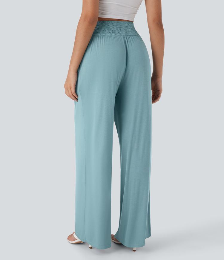 High Waisted Shirred Casual Pants with Pocket